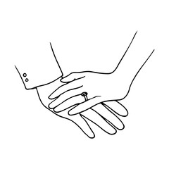 female left hand with a ring on the ring finger lies on top of the male one. hand drawn illustration of man and woman hand