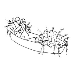 bride and groom kiss while sitting in a boat decorated with flowers. hand drawn illustration honeymoon boat trip