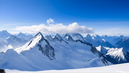 View of Snow Capped Mountain Peaks Under a Clear Blue Sky. Winter mountain with white snow peak. Snow covered mountains landscape wallpaper