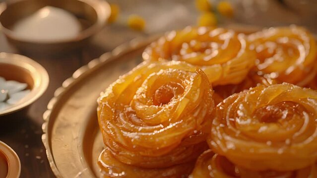 A platter of freshly made goldenfried jalebis a popular Diwali sweet made from a batter of wheat flour and sugar syrup symbolizing the sweet and joyful moments in life.