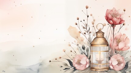 Ramadan kareem and eid fitr islamic concept background lantern illustration in watercolor painting style for wallpaper, poster, greeting card and flyer. Wedding invitation style. - obrazy, fototapety, plakaty