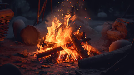 Bonfire burning fiery red, suitable for hiking and camping outdoor concept