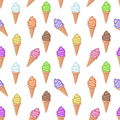 Multi-colored fruit ice cream in waffle cones. Seamless pattern. Vector illustration.