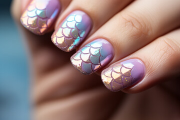 Woman's fingernails with pastel colored nail polish with mermaid fish scales design