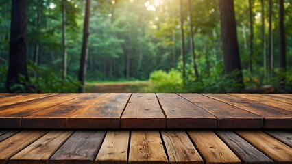 Empty wooden table with beautiful forest background, photorealistic