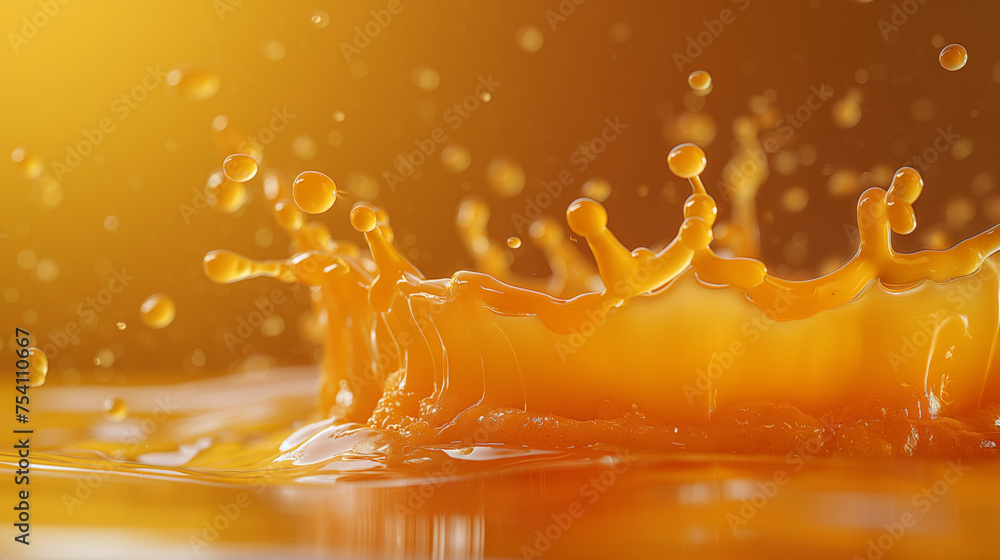 Poster a close-up photo of orange fruit droplets in orange juice splashing on a colorful surface, creating 