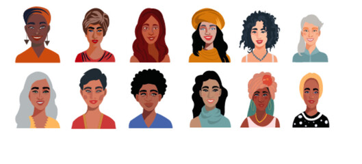 Retrato de mujeres de diferentes razas y colores. Set de diversidad de personas diferentes etnias y color. - obrazy, fototapety, plakaty