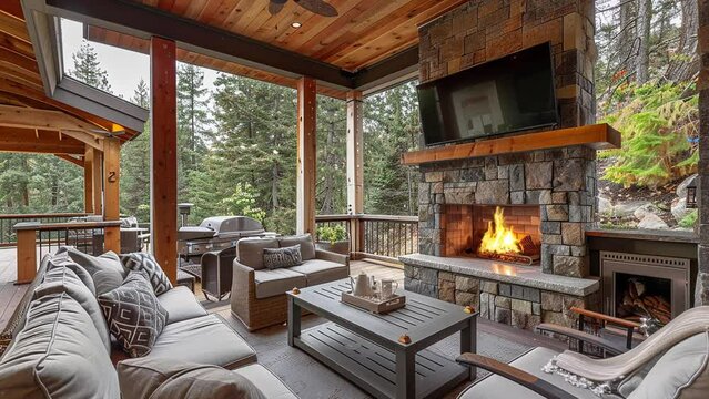well designed covered patio boasts stone fireplace. seamless looping overlay 4k virtual video animation background