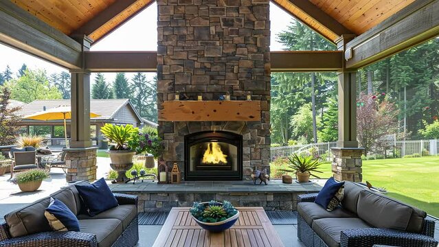 modern architecture with stone fireplace. well designed covered patio boasts stone fireplace. seamless looping overlay 4k virtual video animation background