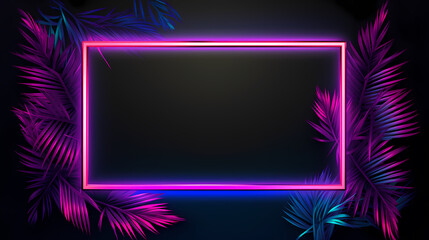 Abstract design with neon glowing frame decorated with palm leaves