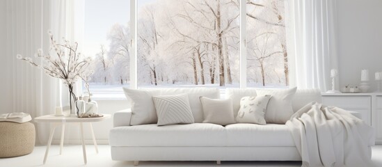 A spacious living room featuring white furniture, including a sofa, with a Scandinavian interior design aesthetic. The room is illuminated by a large window, filling the space with natural light.
