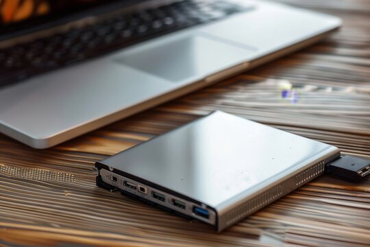 Close up external hard disk with notebook