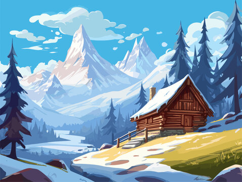 Mountain Retreat Snow-capped peaks and cozy mountain and home