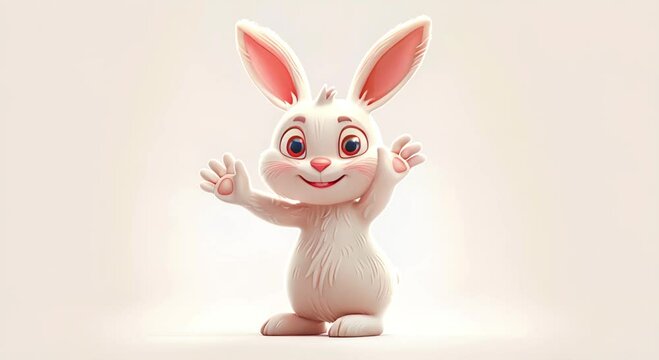 The white rabbit smiles and waves its paw as a sign of greeting or farewell. Cartoon bunny on a white background with copy space.