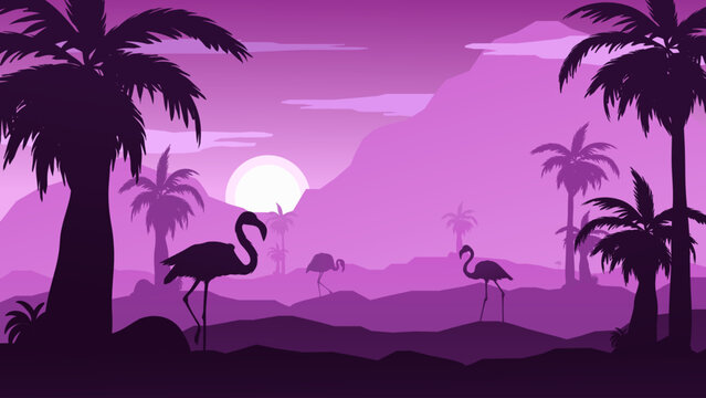 Background Illustration of Famingo Birds at Sunset in Nature with Mountains and Coconut Trees - Beautiful 2D Landscapes Vector