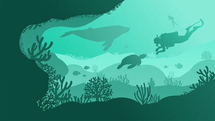 Two Scuba Divers Exploring the Underwater Beauty with Turtle and Whale - Beautiful 2D Landscapes
