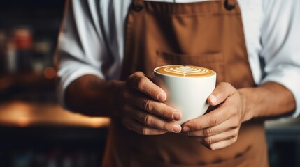 A Close-Up View of a Person Holding a Cup of Artfully Crafted Latte in a Cozy Café Atmosphere