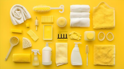 Assorted yellow cleaning supplies on bright background, household cleanliness conceptual layout. neat and organized, clean vibrant tone for advertising. AI - obrazy, fototapety, plakaty