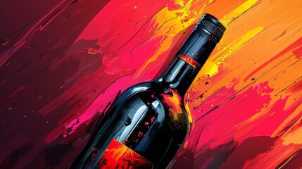 A dynamic wine bottle illustration set against an explosive backdrop of splattered red, orange, and...