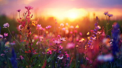 Wildflowers basking in the golden light of sunset in a vibrant meadow, a serene landscape