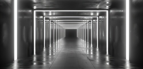 black background 3D room light abstract space technology tunnel stage floor. Empty white future 3D neon background studio futuristic corridor render modern interior silver road black wall design gray