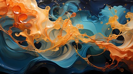 Intertwining streams of amber and indigo liquids, colliding with explosive energy and forming a visually stunning abstract masterpiece - obrazy, fototapety, plakaty
