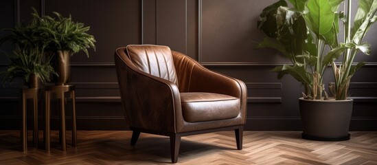 A brown leather and beige fabric armchair sits next to a potted pampas plant in a room with chevron parquet flooring.
