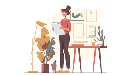 Woman in Business Environment Illustration with Vector Cartoon Elements of a Lady Working in a Stylish Mall Cafe