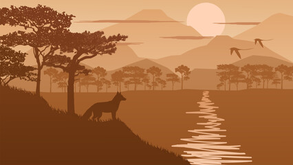 Fototapeta na wymiar A Fox Looks at Two Birds Flying Over the Lake on a Beautiful Afternoon - Beautiful 2d Landscapes Vector