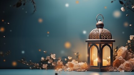 Cinematic Ramadan kareem and eid fitr islamic concept background illustration with Shining lantern, stars and blossom flowers in paper cutting style 3D for wallpaper, greeting card and flyer.