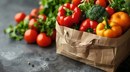 Fresh organic vegetables in paper bag on dark background. healthy eating concept with red and yellow peppers. grocery shopping image. AI - Powered by Adobe