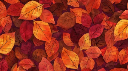 Wandcirkels aluminium Background Texture Pattern Cel-Shaded Autumn Leaves Design that captures the cozy essence of autumn in vibrant reds, oranges, and yellows created with Generative AI Technology © Sentoriak