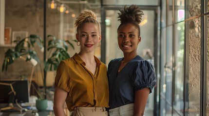 Two professional women smiling in a modern office setting. confident entrepreneurs at work. casual business style. empowerment theme. AI
