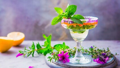 Garden Fresh: A margarita highlighting garden-fresh herbs like basil, mint, or rosemary, served in a glass rimmed with crushed herbs and adorned with a herb sprig bouquet.