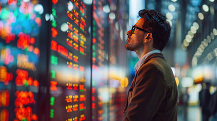 Close up person in the stock market Hub and he looking at monitor