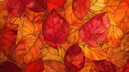 Fototapeta na wymiar Background Texture Pattern Cel-Shaded Autumn Leaves Design that captures the cozy essence of autumn in vibrant reds, oranges, and yellows created with Generative AI Technology