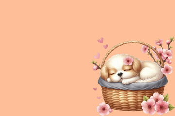 dog sleeping in cherry blossom basket  peach Fuzz background 

