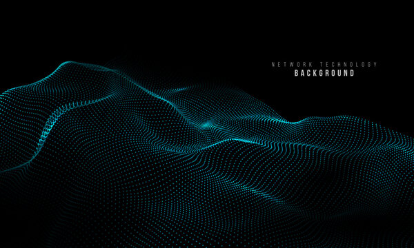 Flowing wavy halftone cyber dot pattern background for science, technology and network communication business. Artificial intelligence, internet security and future tech innovation concept background.