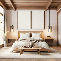 Frame Mockup Design 프레임 목업,따뜻한 느낌의 한옥 집 침실 배경 인테리어