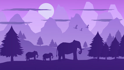Elephants Walking In a Mountain Forest in a Beautiful Afternoon With The Sun Shining - Beautiful 2d Landscapes Vector