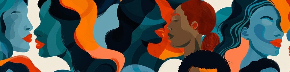 "Empowering Abstract Wallpaper: Blues and Oranges Palette, Diverse Color Palette, Political Prints with Flat Figures, Light Maroon and Dark Emerald Accents, Celebrating Strong Females, Feminism