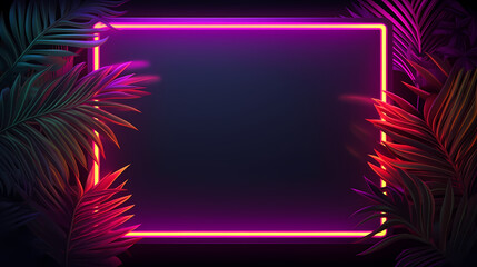 Abstract design with neon glowing frame decorated with palm leaves