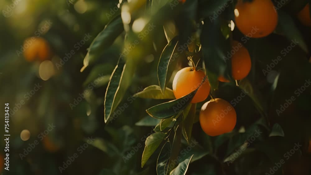 Poster a macro shot of an orange tree with its leaves and vibrant citrus fruits in sharp focus. the smell o