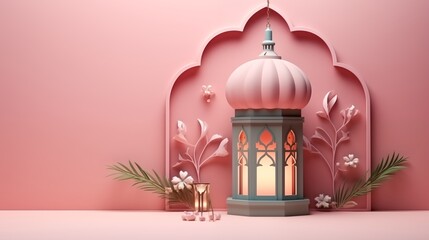 Obraz premium Pink Ramadan kareem and eid fitr islamic concept background illustration with lantern, stars and blossom flowers, copy space in paper cutting style 3D for wallpaper, greeting card and flyer.