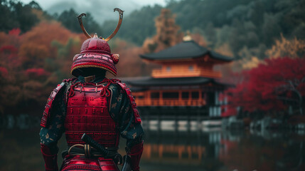 A Japanese samurai warrior wearing a red ancient martial arts uniform.
