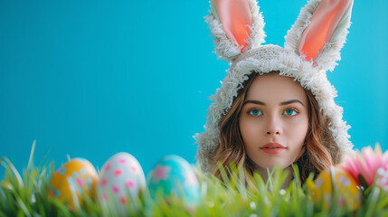 Model in bunny costume with a tense facial expression at easter with copy space left, Generative AI - 754113827