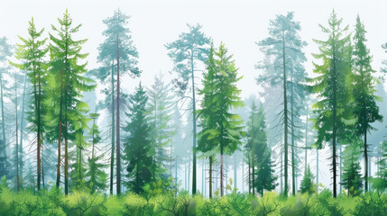A serene forest of pine trees enveloped in a soft morning mist, conveying a sense of calm and natural beauty.