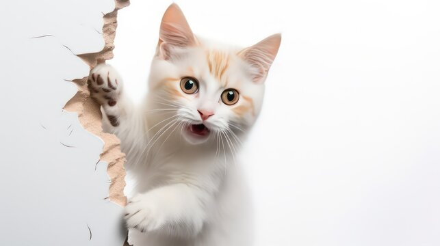 Curious Domestic Cat Peeking Through a Large Hole in a Torn White wall, Capturing a Humorous and Playful Moment