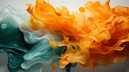 Interplay of tangerine and emerald green liquids colliding, producing a vivid and dynamic abstract display