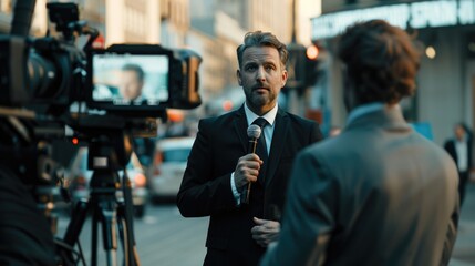 Fototapeta na wymiar Breaking news reporter concept. Man public speaker holding microphone giving speech in front of camera live news media and television at street.